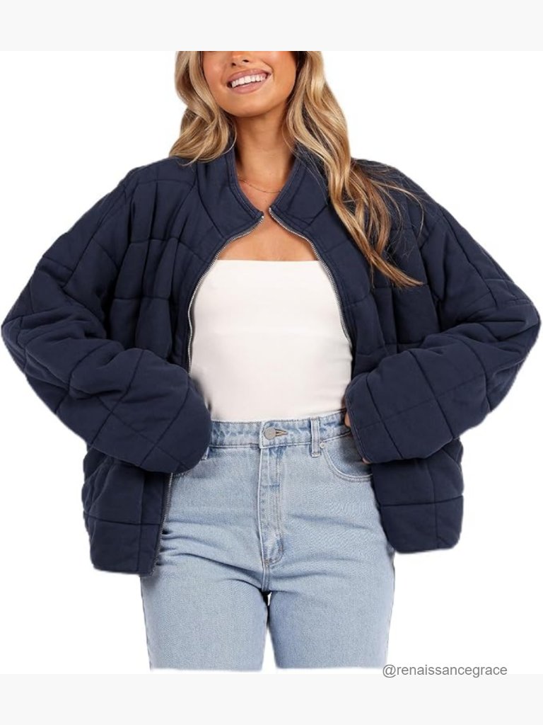 Lightweight Quilted Jacket Oversized Stand Collar Casual Coat Fall Winter